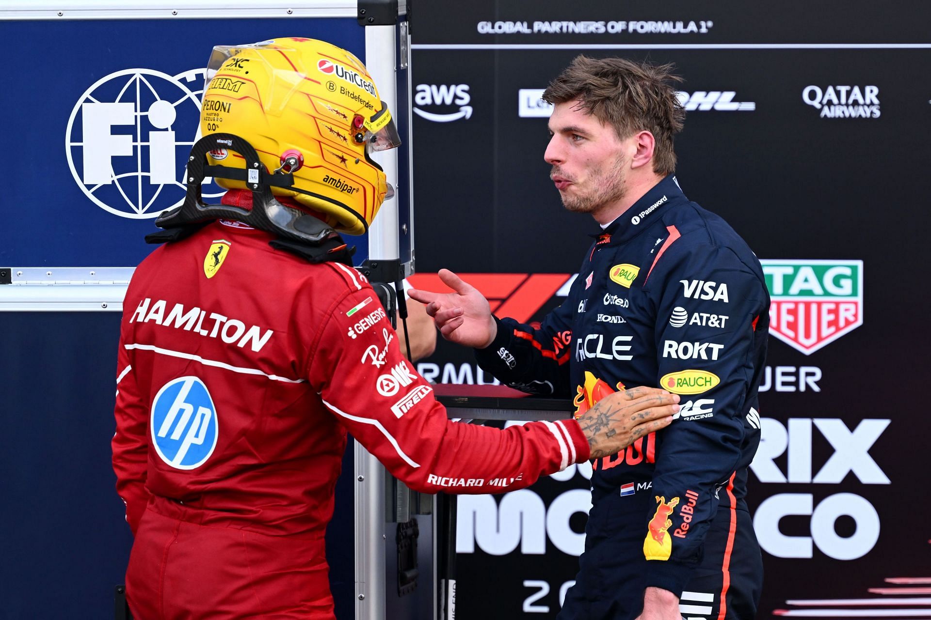 Lewis Hamilton and Max Verstappen in conversation after the Monaco GP qualifying - Source: Getty